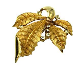 DENBE Leaf Brooch Pin Austrian Crystals  1950's  Gold Tone Signed Vintage